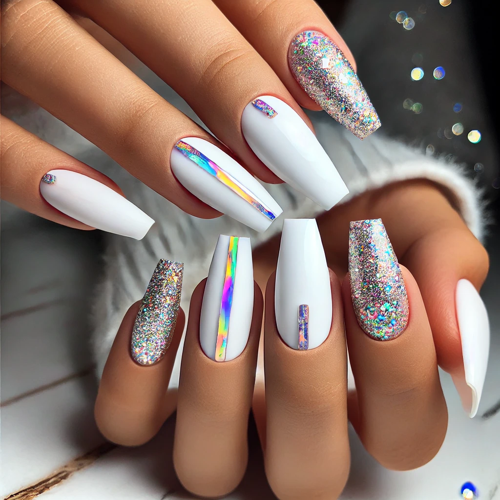 unhas deccoradas brancas com glitter